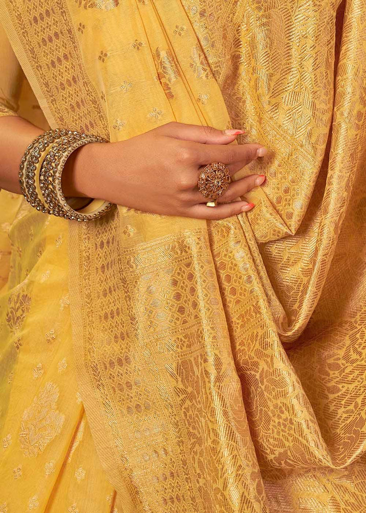 Tuscany Yellow Woven Cotton Silk Saree | Stitched Blouse - qivii