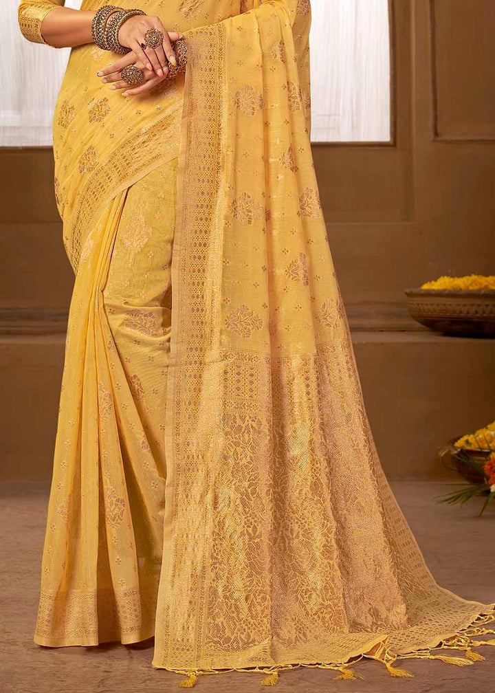 Tuscany Yellow Woven Cotton Silk Saree | Stitched Blouse - qivii