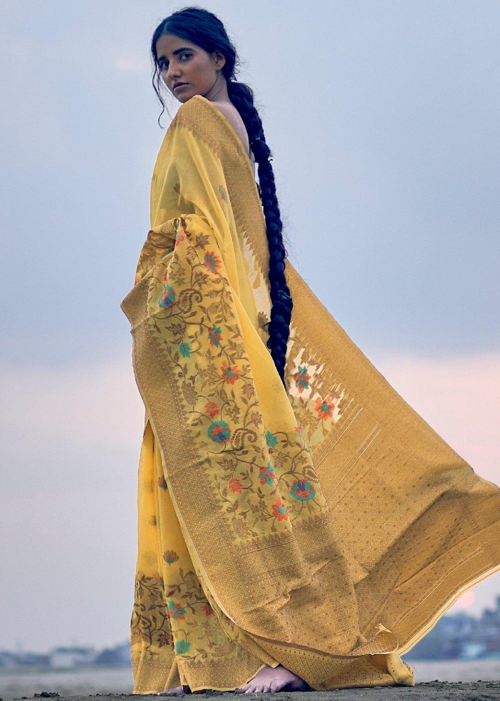 Tuscany Yellow Woven Linen Silk Saree with Floral Motif on Pallu and Border - qivii