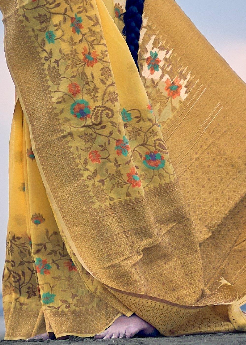 Tuscany Yellow Woven Linen Silk Saree with Floral Motif on Pallu and Border - qivii