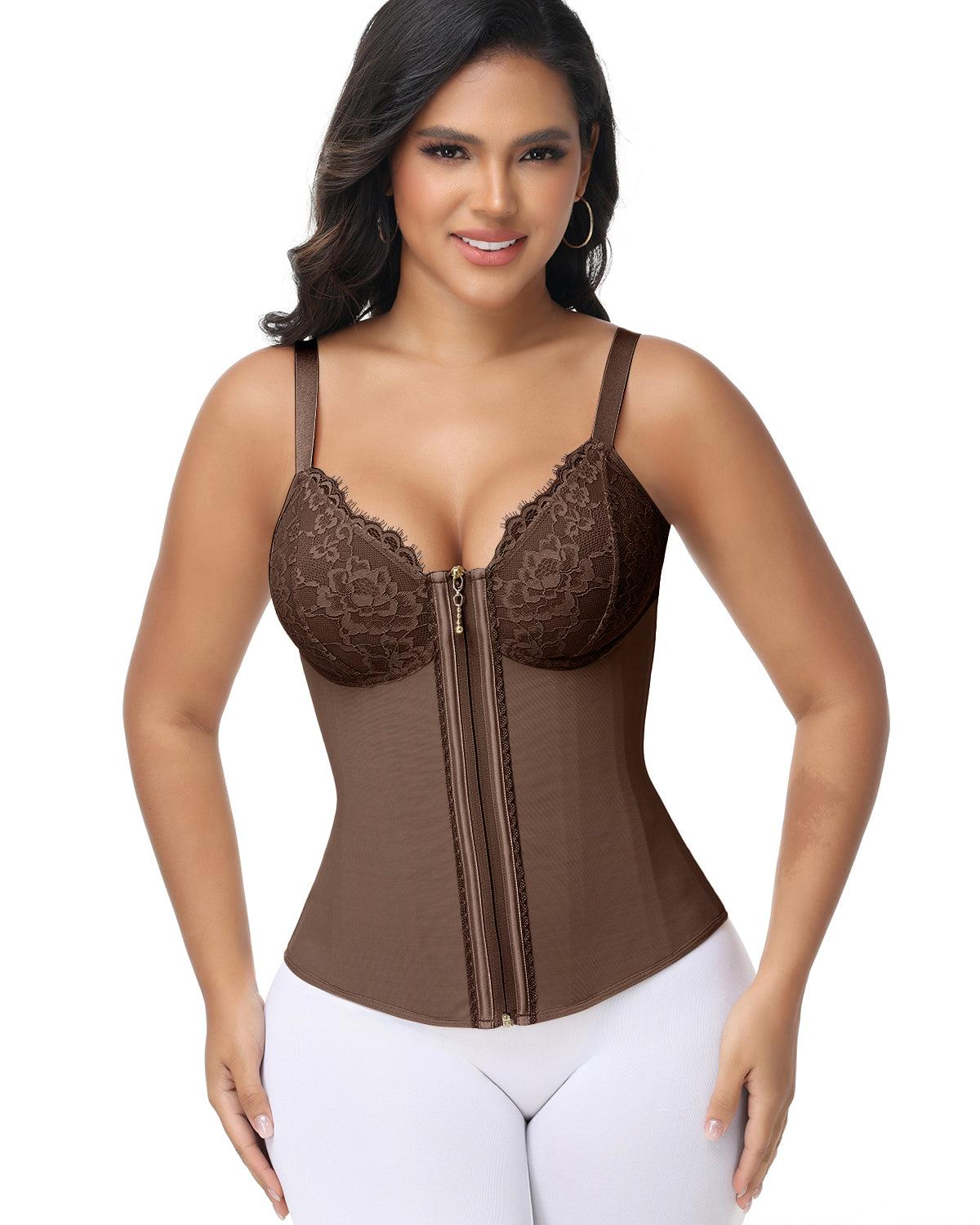 Shapshe® Deep V Lace Corset Top Trimmed Waist Trainer with Front Zipper