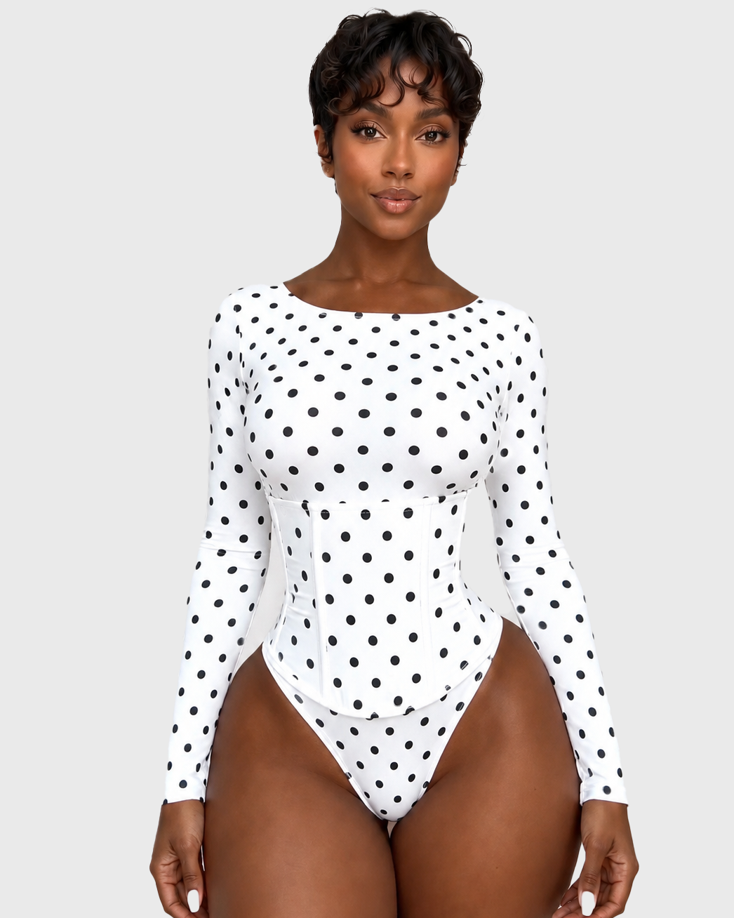 Hourglass Long Sleeve Polka Dot Thong Bodysuit with Waist Trainer 2 Piece Set