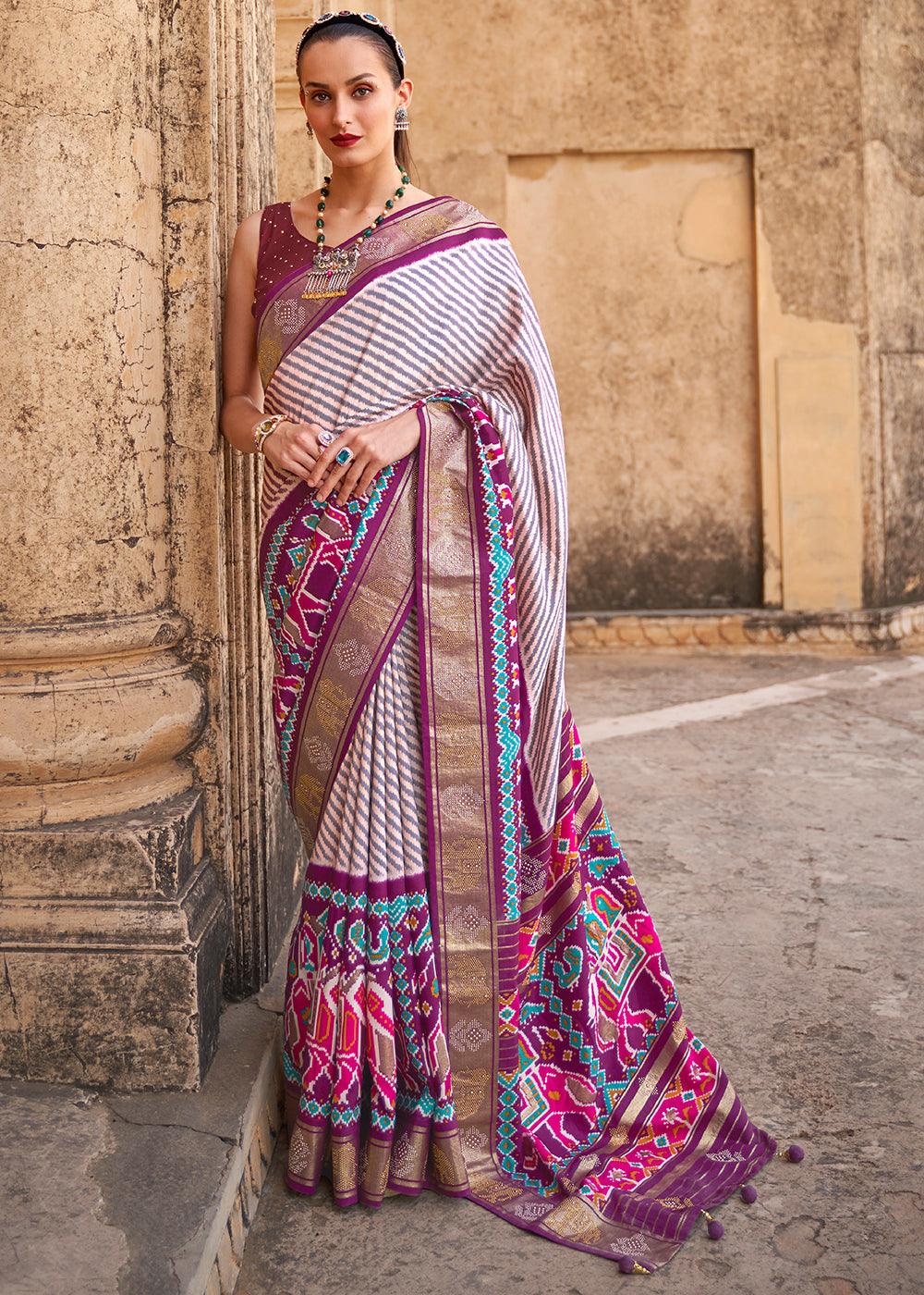 Tyrian Purple Designer Patola Silk Saree with Zari Border & Stone work | Stitched Blouse - qivii