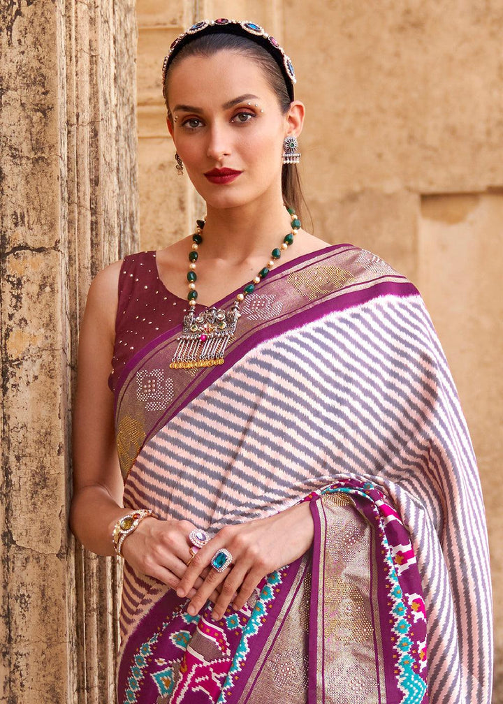 Tyrian Purple Designer Patola Silk Saree with Zari Border & Stone work | Stitched Blouse - qivii