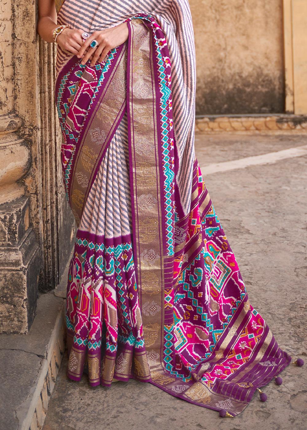 Tyrian Purple Designer Patola Silk Saree with Zari Border & Stone work | Stitched Blouse - qivii