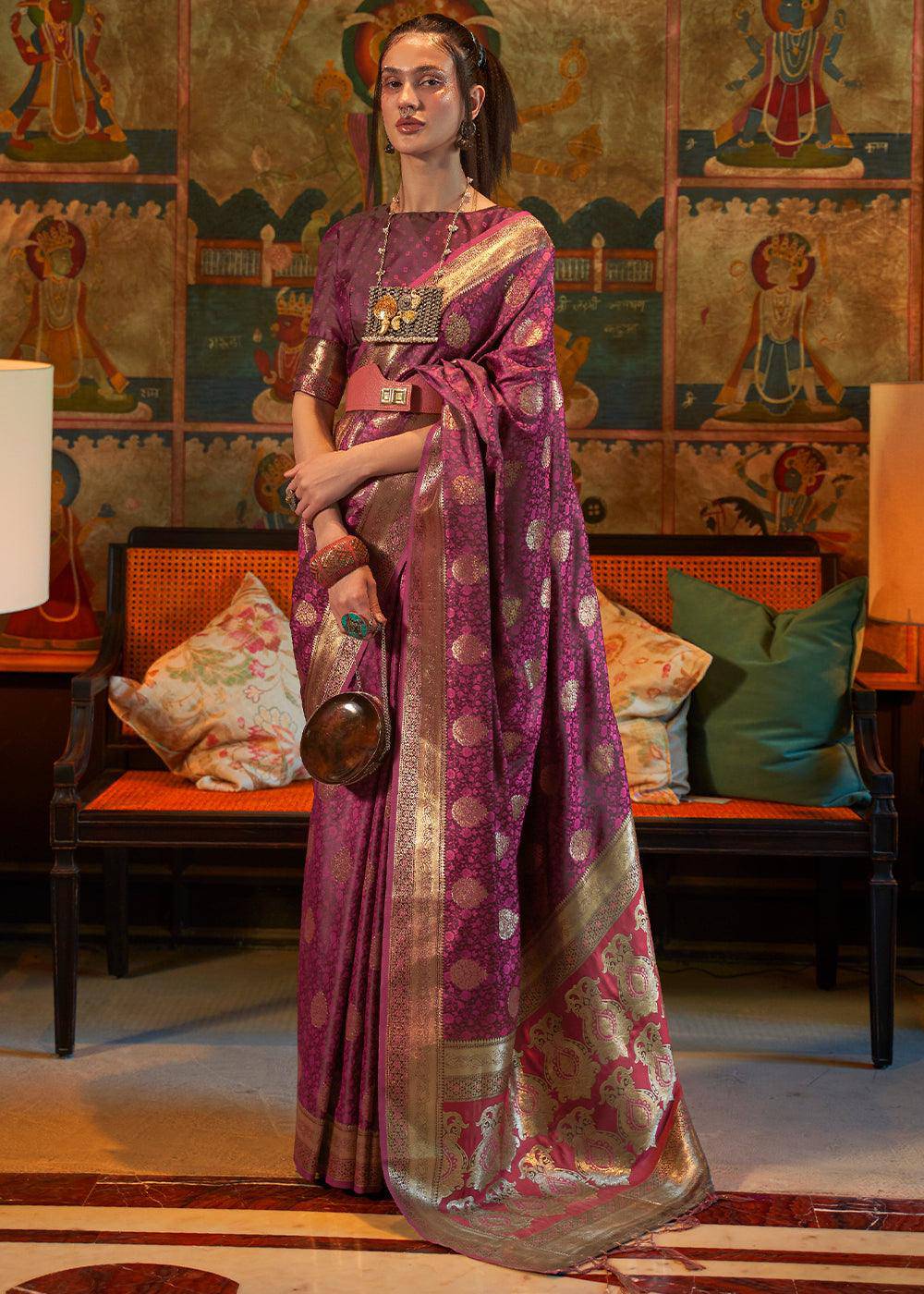 Tyrian Purple Tanchoi Handloom Woven Satin Silk Saree | Stitched Blouse - qivii