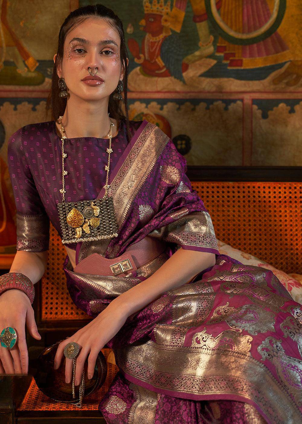 Tyrian Purple Tanchoi Handloom Woven Satin Silk Saree | Stitched Blouse - qivii