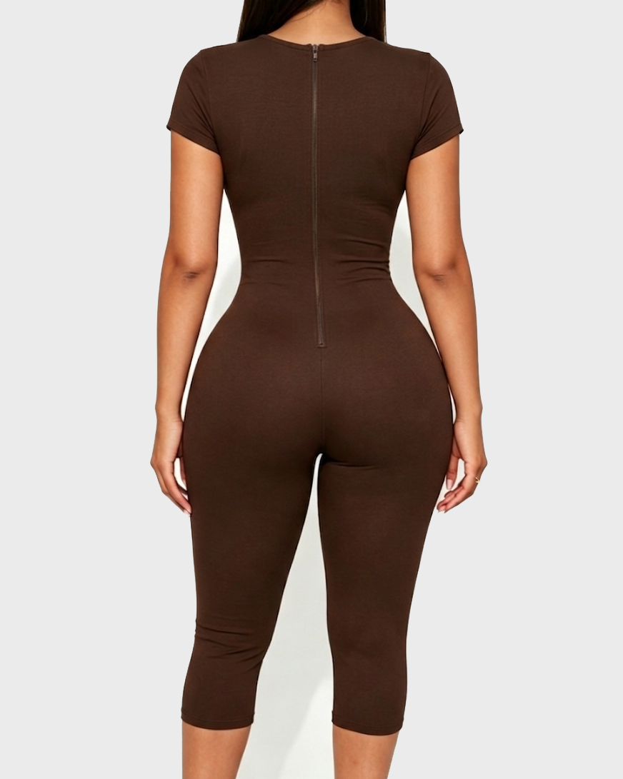 Short Sleeve Plunge Neck Bodycon Capri Jumpsuit with Back Zipper  - By Qivii
