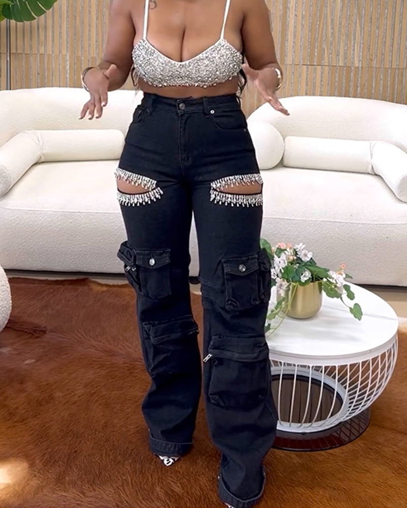 Stylish Wash Trimmed Cutouts Denim Cargo Jeans with Rhinestone  - By Qivii