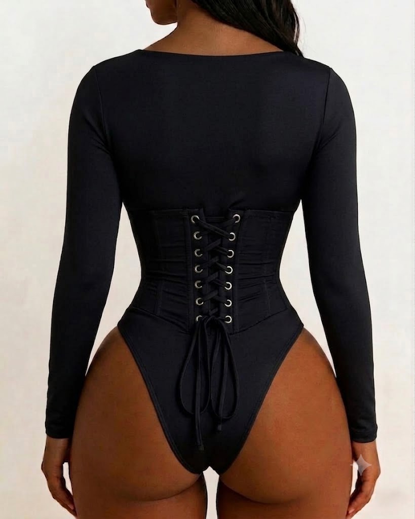 Long Sleeve Scoop Neck Bodysuit with Detachable Corset Two Piece Set (Pre-sale)  - By Qivii