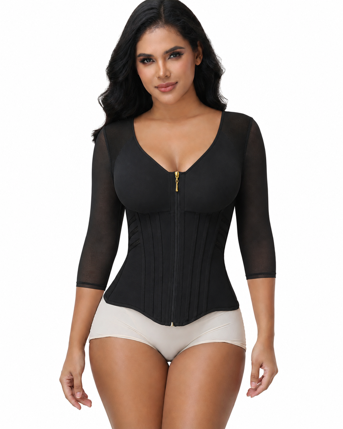 V Neck 3/4 Mesh Sleeve Zipper Waist Trainer High Compression Shaping Top