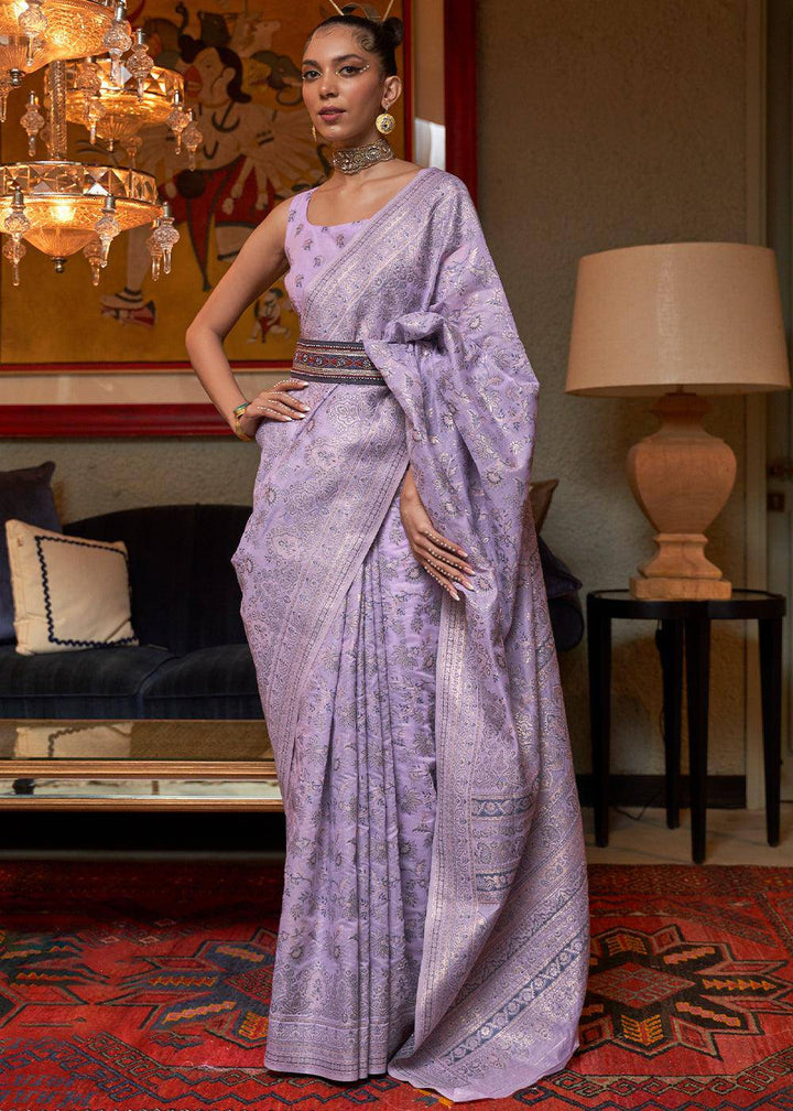 Ube Purple Kashmiri Woven Cotton Silk Saree | Stitched Blouse - qivii