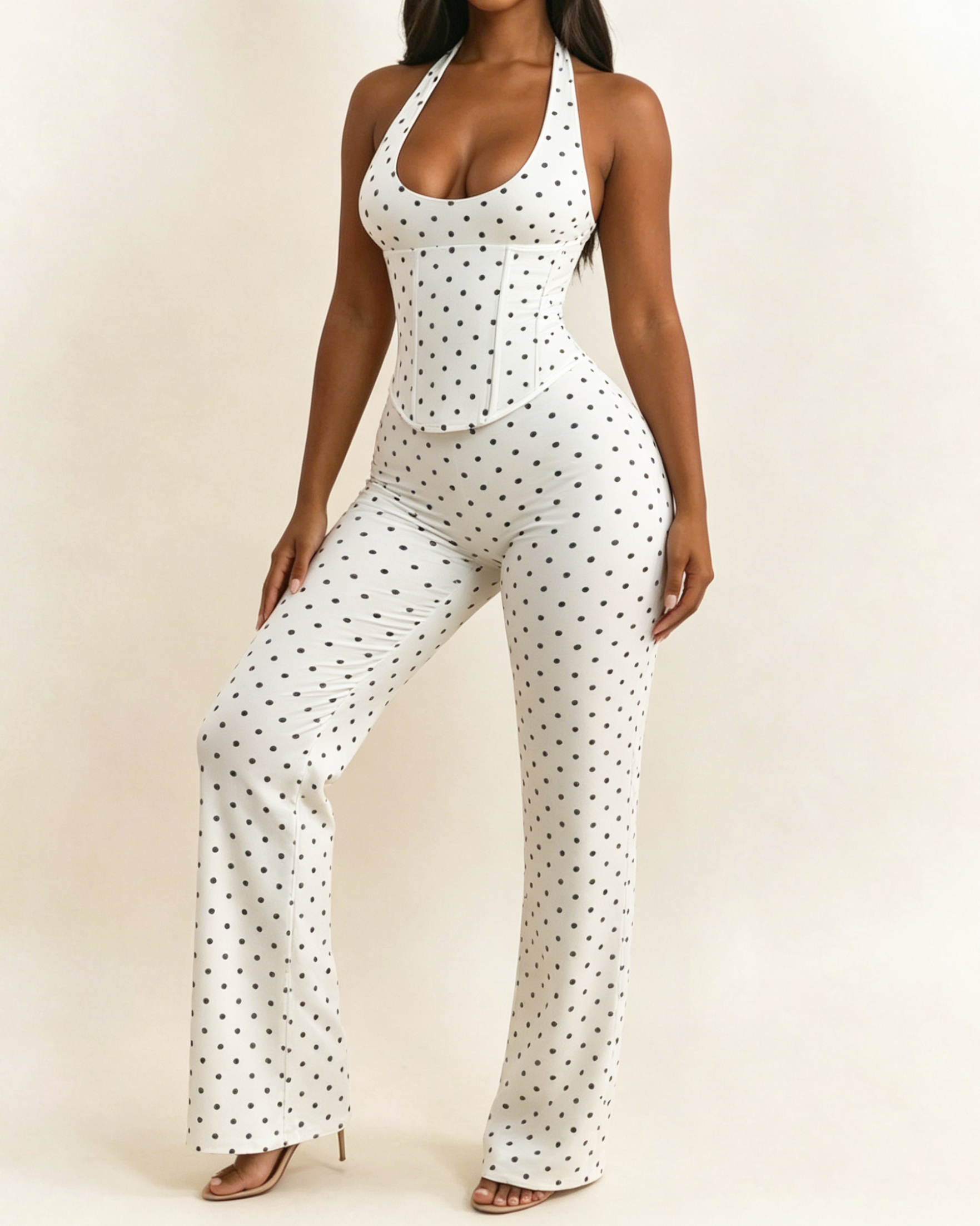 Polk Dot Halter-Neck Backless Detachable Corset Wide-leg Jumpsuit Two-Piece Set  - By Qivii
