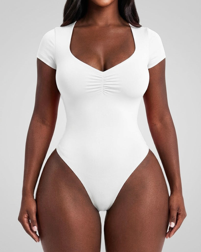 Short Sleeve Square Neck Front Ruched Hourgflass Bodysuit  - By Qivii