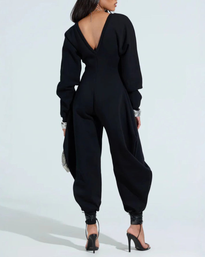Cozy V Neck Baggy Long Sleeve Jumpsuit  - By Qivii