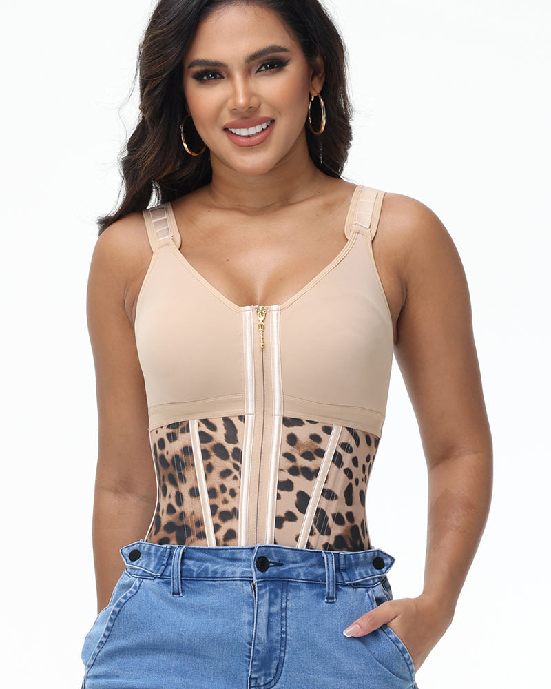 Women's Leopard Print Vest Tummy Control Waist Trainer With Bra  - By Qivii
