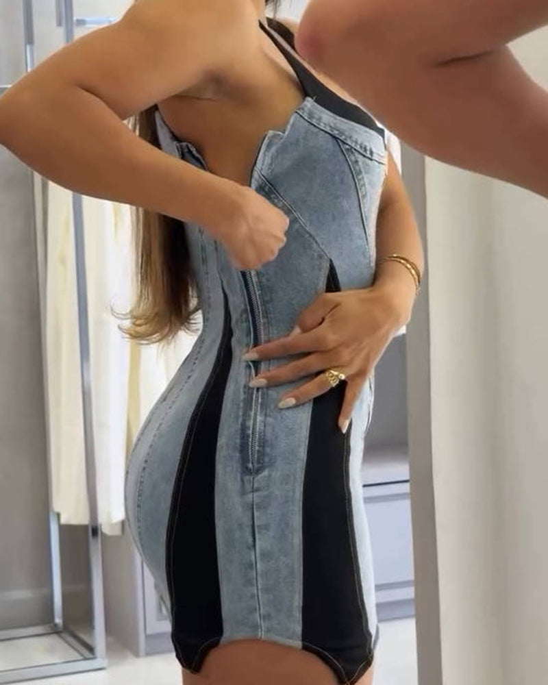Contrast Color Suspenders Bodycon Mini Denim Dress - By Qivii