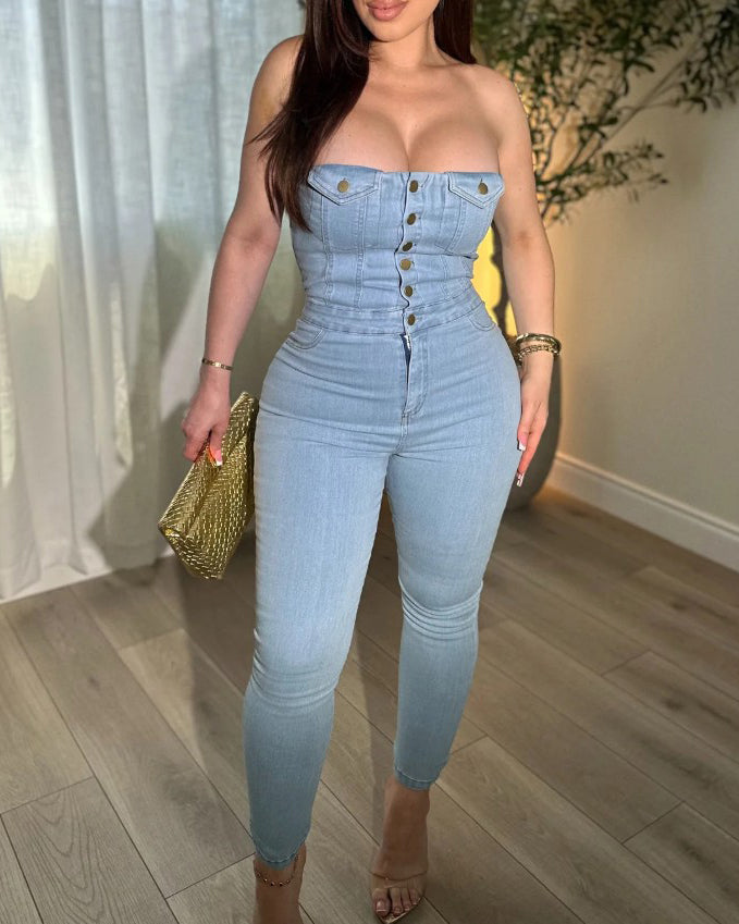 Stylish Single Breasted Bandeau Slim Fit Skinny Denim Jumpsuit  - By Qivii