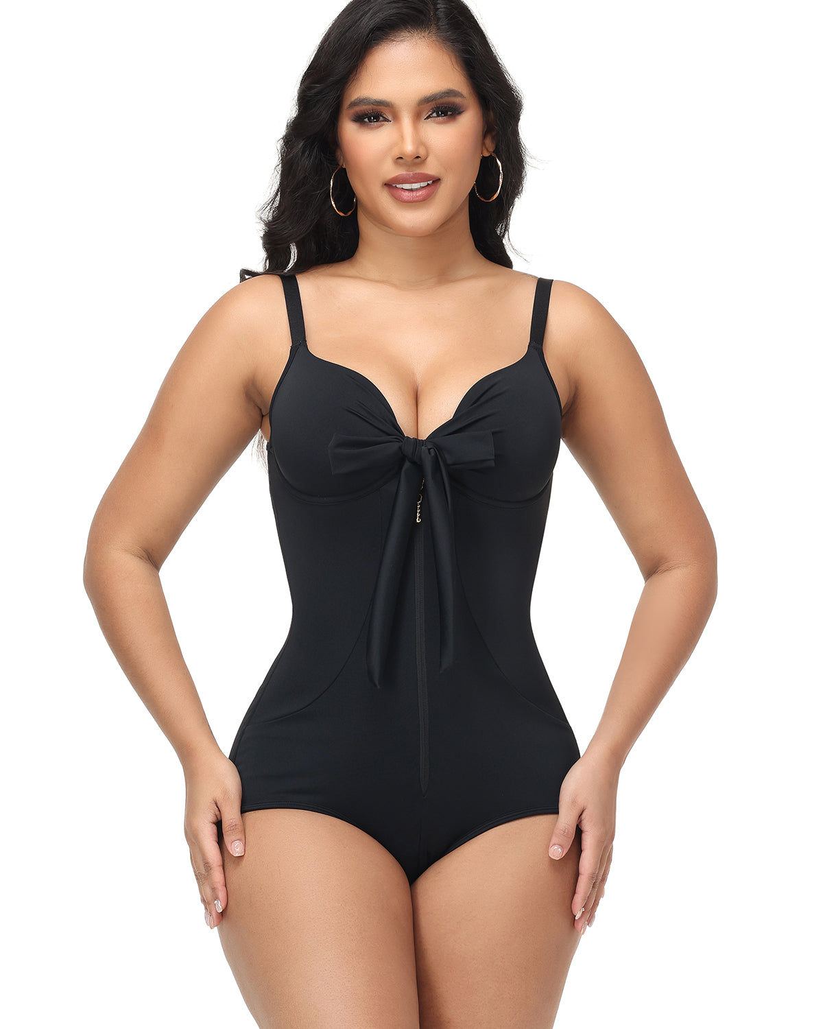 Shapshe® Shaping V Neck Swimsuit with Zipper and Bow  - By Qivii