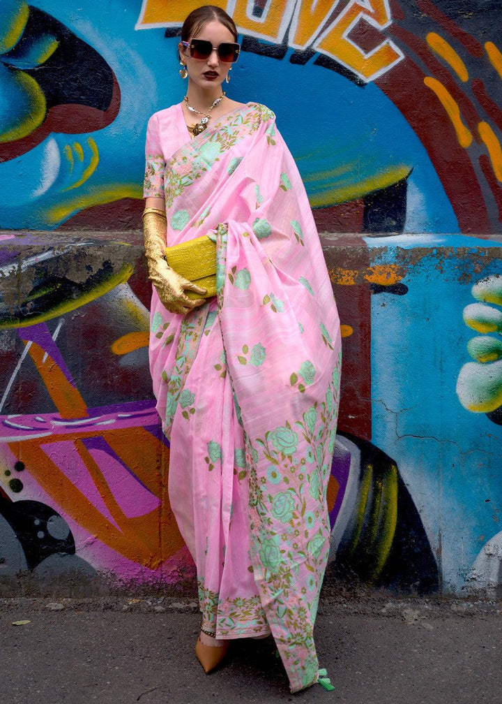 Ultra Pink Floral Parsi Weaving Handloom Silk Saree - qivii