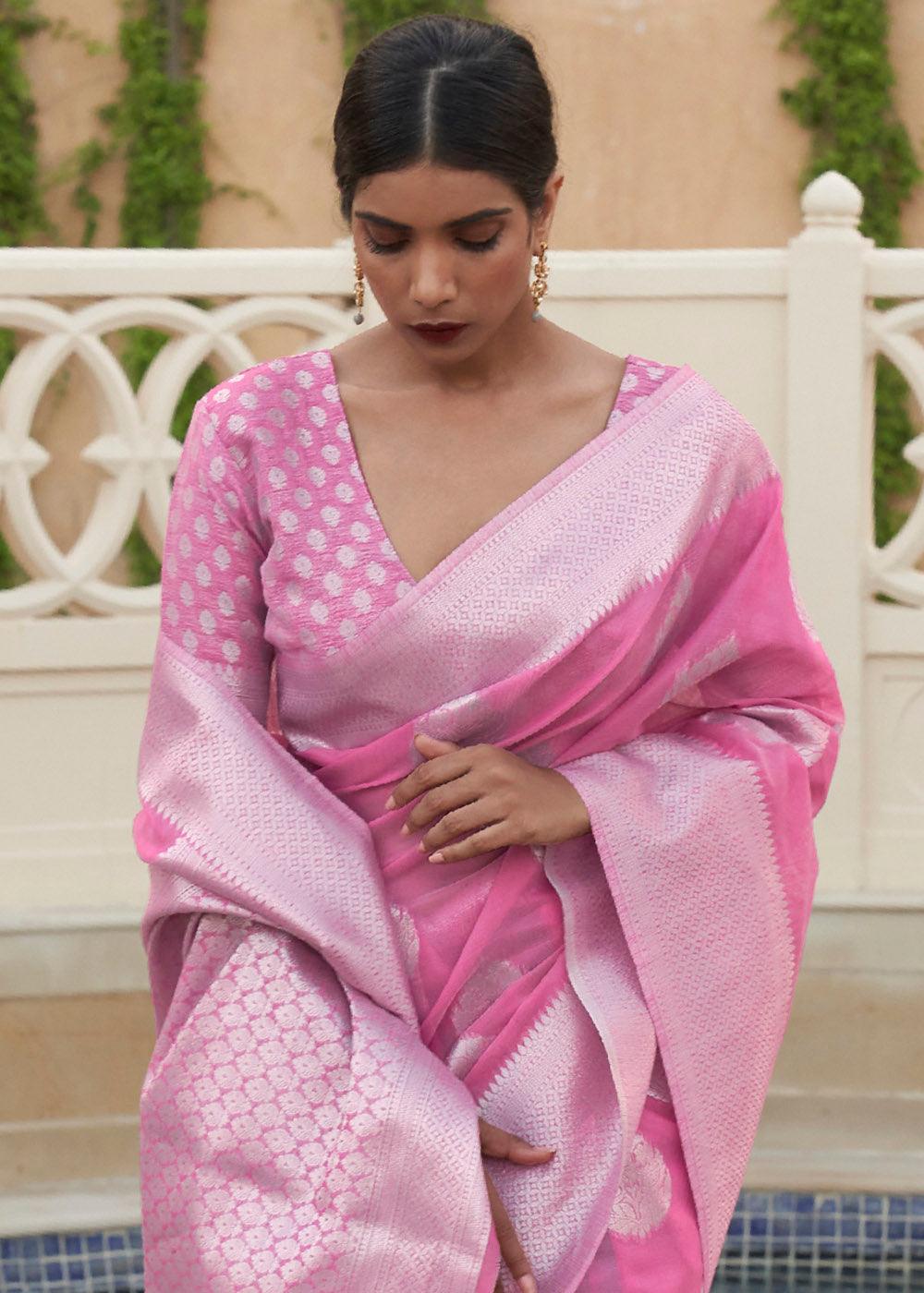 Ultra Pink Woven Linen Silk Saree | Stitched Blouse - qivii