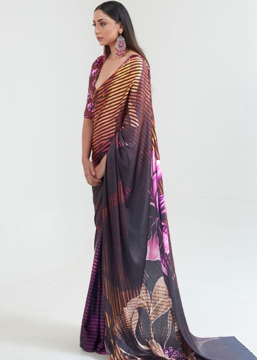 Umber Brown & Black Satin Silk Digital Printed Saree | Stitched Blouse - qivii