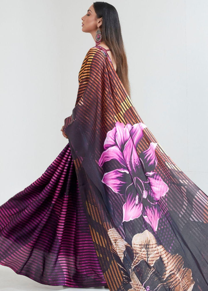 Umber Brown & Black Satin Silk Digital Printed Saree | Stitched Blouse - qivii