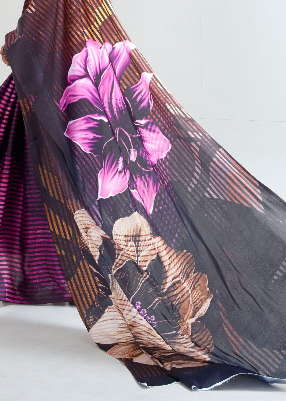 Umber Brown & Black Satin Silk Digital Printed Saree | Stitched Blouse - qivii