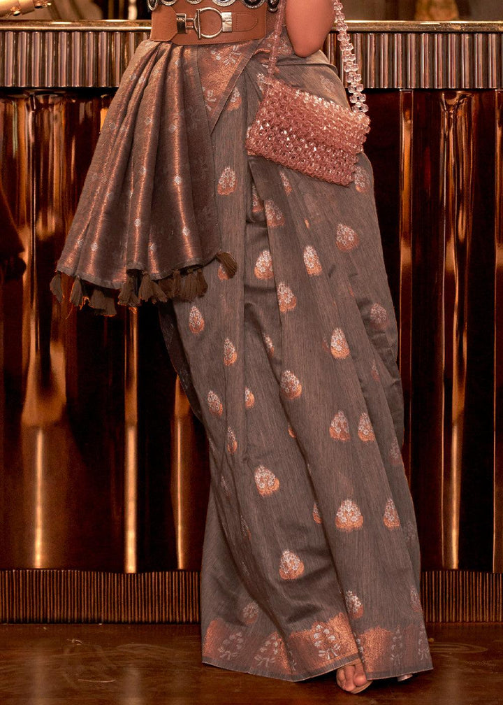 Umber Brown Copper Zari Woven Linen Silk Saree - qivii