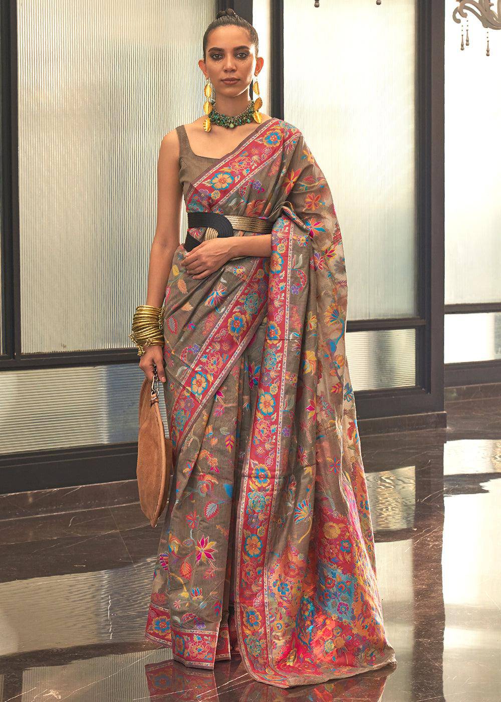 Umber Brown Jamawar Woven Cotton Silk Saree | Stitched Blouse - qivii