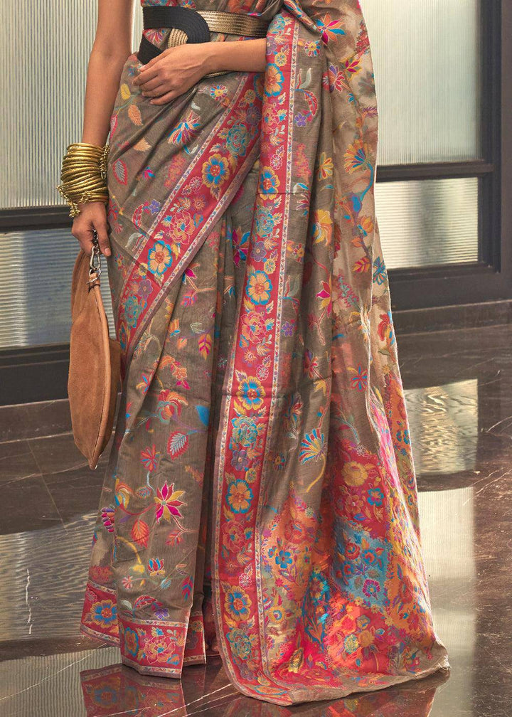 Umber Brown Jamawar Woven Cotton Silk Saree | Stitched Blouse - qivii