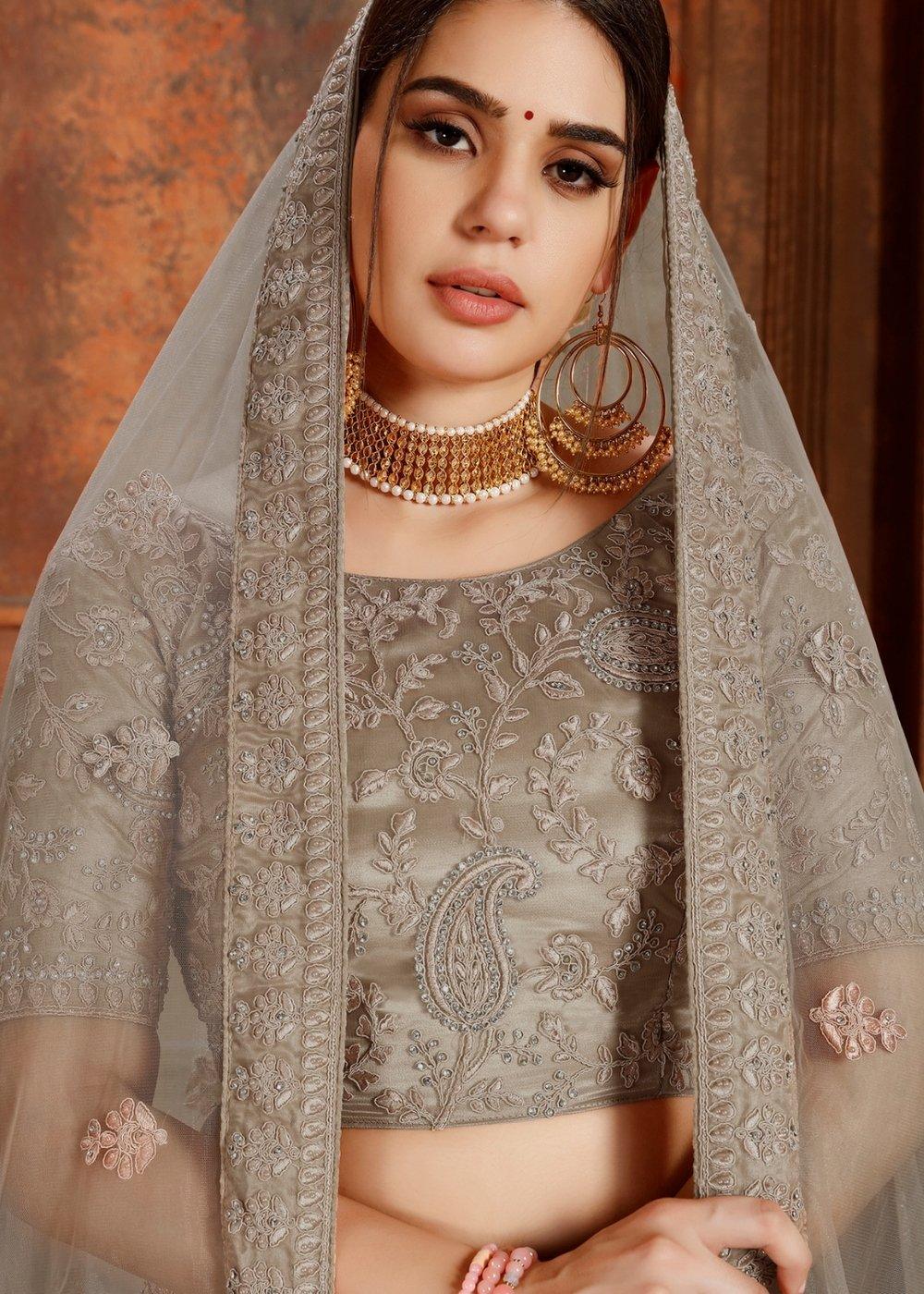 Umber Brown Soft Net Lehenga Choli with Thread, Zarkan & Pearl work - qivii