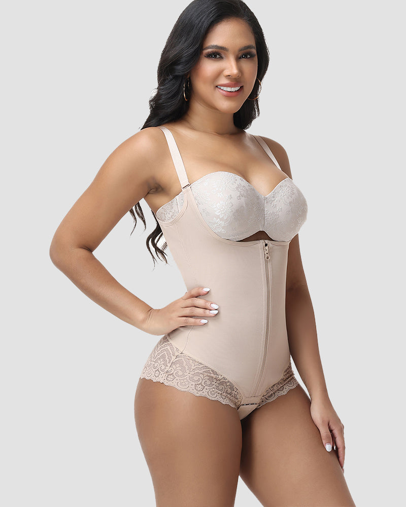Shapshe® Lace Trim Double Compression Shapewear Bodysuit  - By Qivii