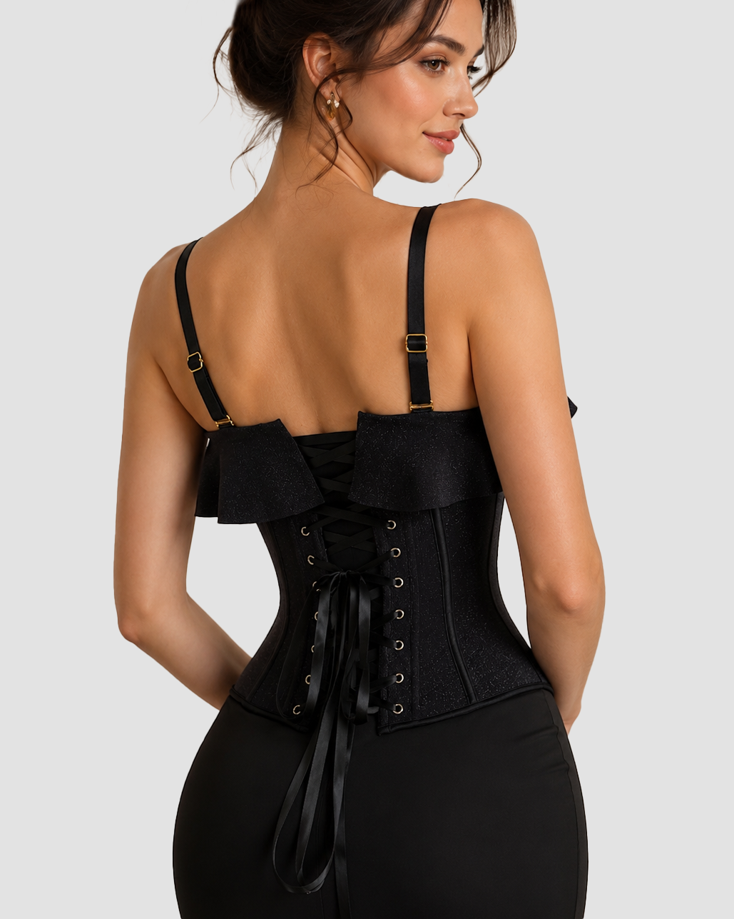 Black Shimmer Ruffle Trim Corset Top with Adjustable Straps