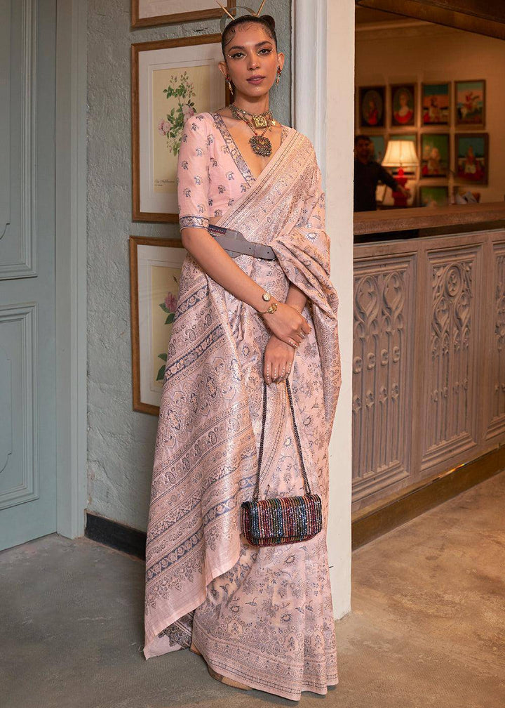 Valentine Pink Kashmiri Woven Cotton Silk Saree | Stitched Blouse - qivii