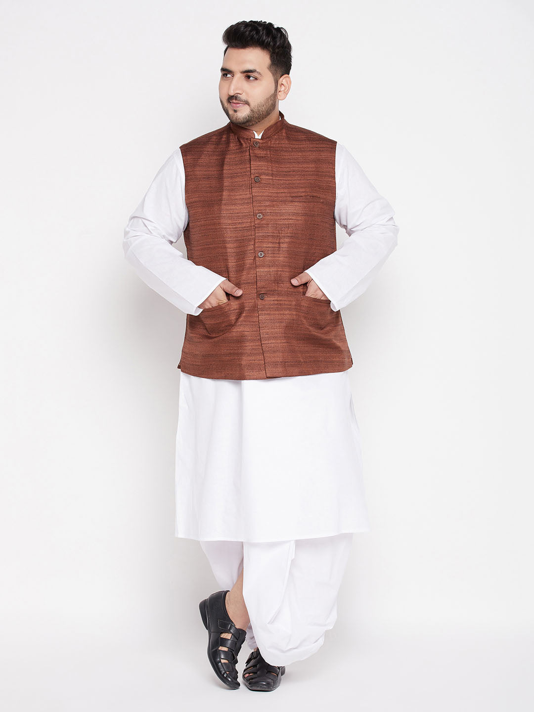 Men's Plus Size Coffee Cotton Blend Jacket With White Kurta And Dhoti Set