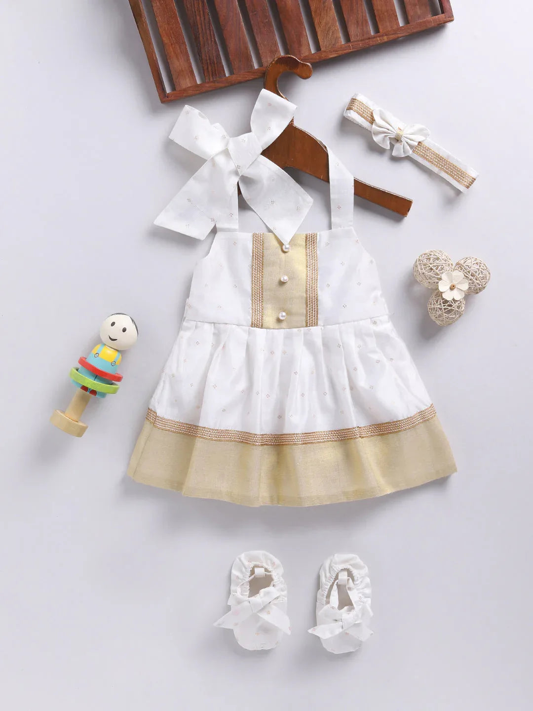 Girl's' White Frock, Shoe And Head Band