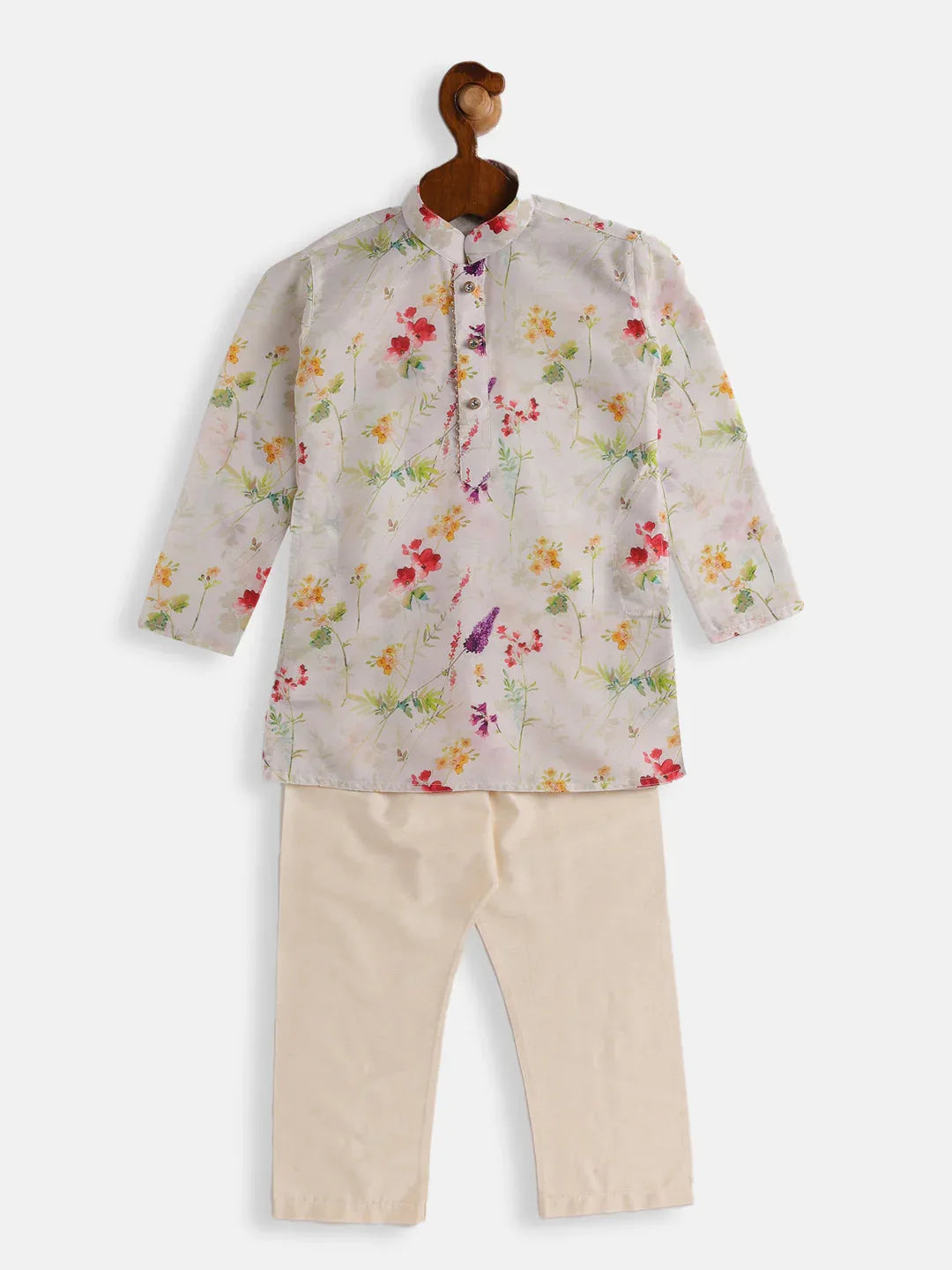 Boy's Multicolor-Base-Cream Cotton Blend Kurta Pyjama Set