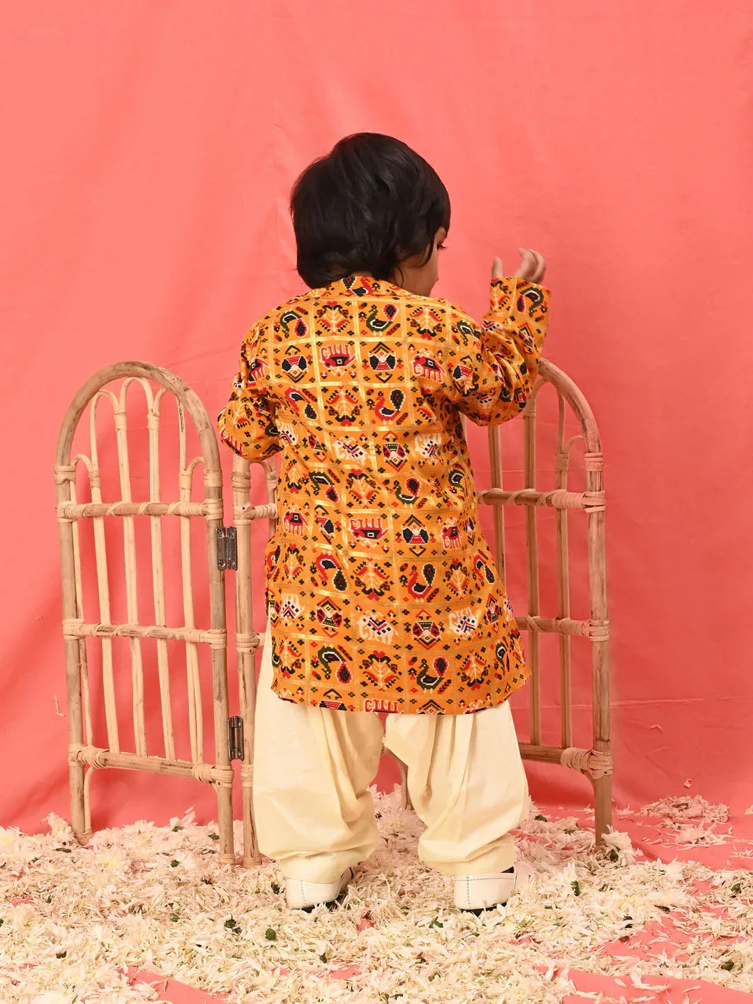 Boy's Yellow  Patola Print Festive Kurta Pyjama Set