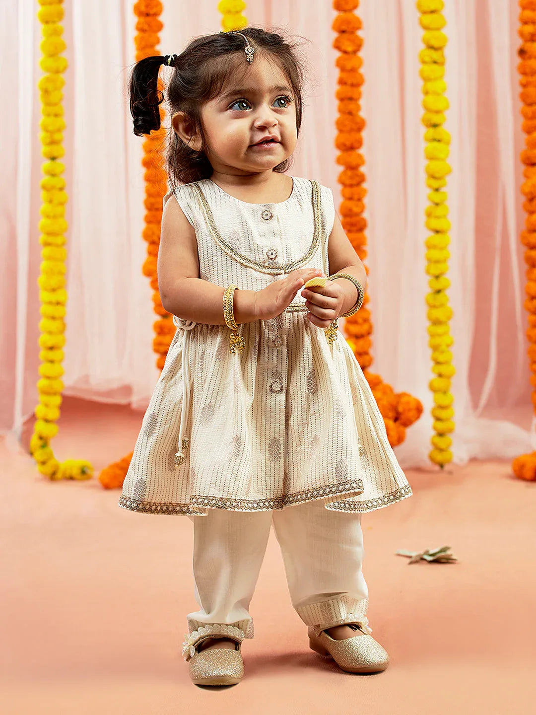 Girl's' Cream Kurta Pant Set