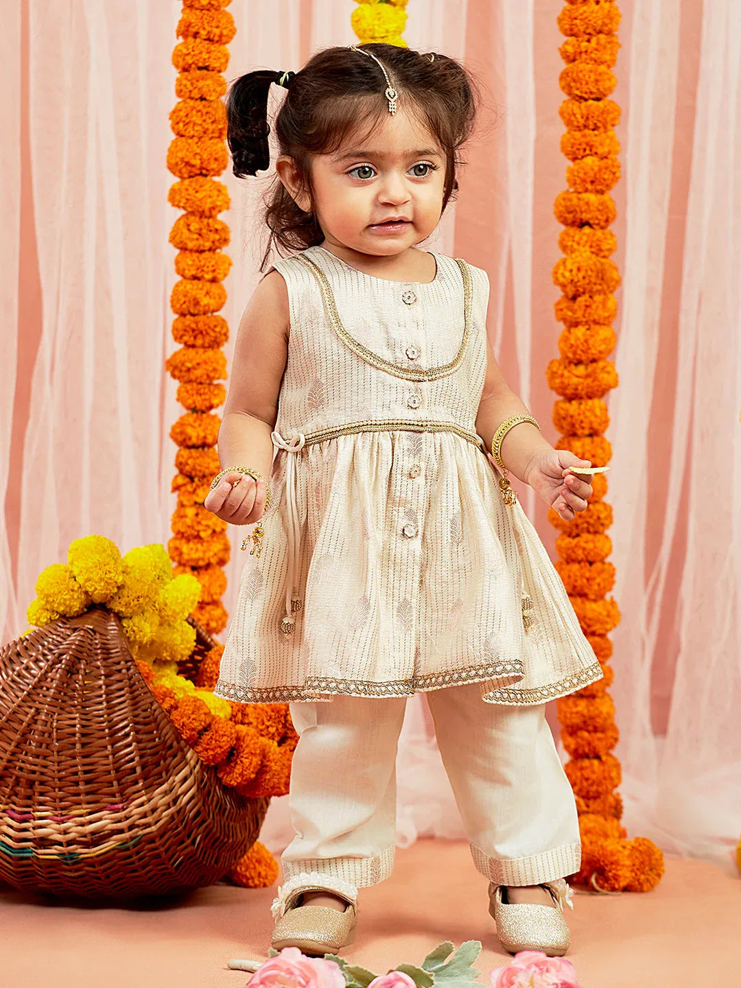 Girl's' Cream Kurta Pant Set