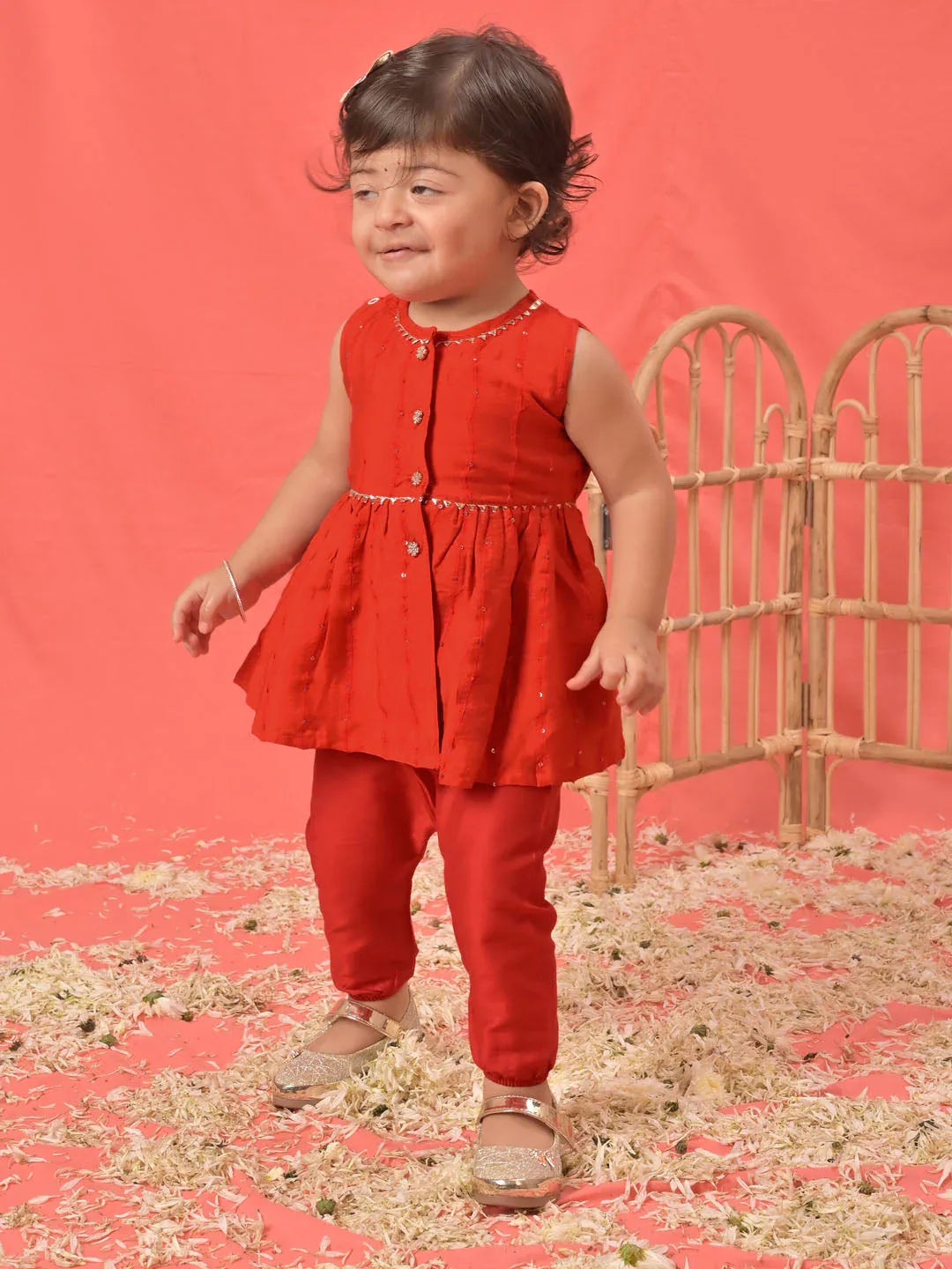 Girl's Red Cotton Flock And Dhoti Set
