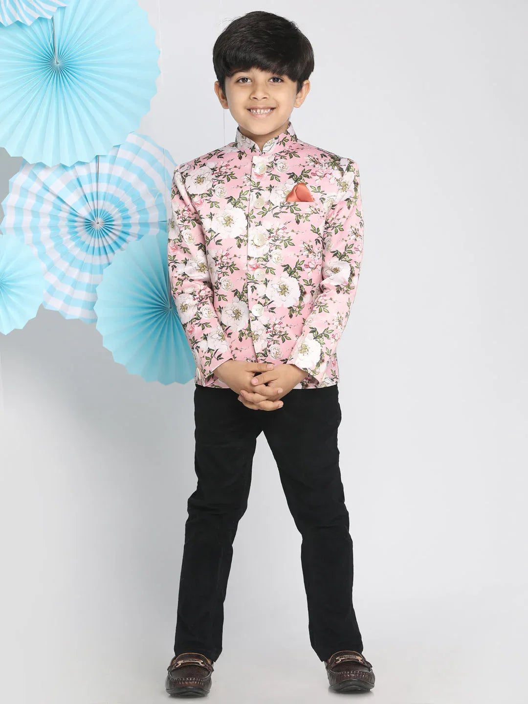 Floral Printed Pink Bandhgala Prince Coat Jodhpuri