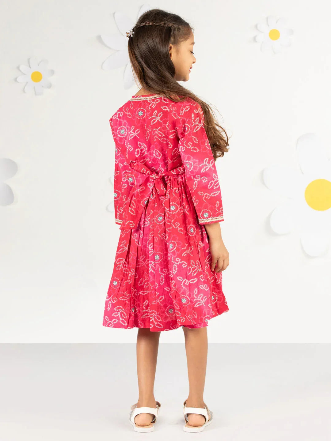 Girl's' Pink Color Bandhnai Print Angrakha Style Dress