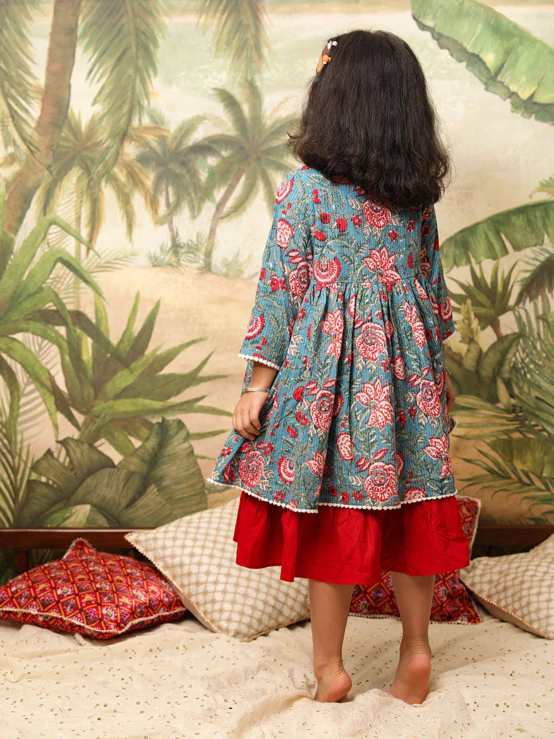 Girl's Red And Blue Anarkali Dress