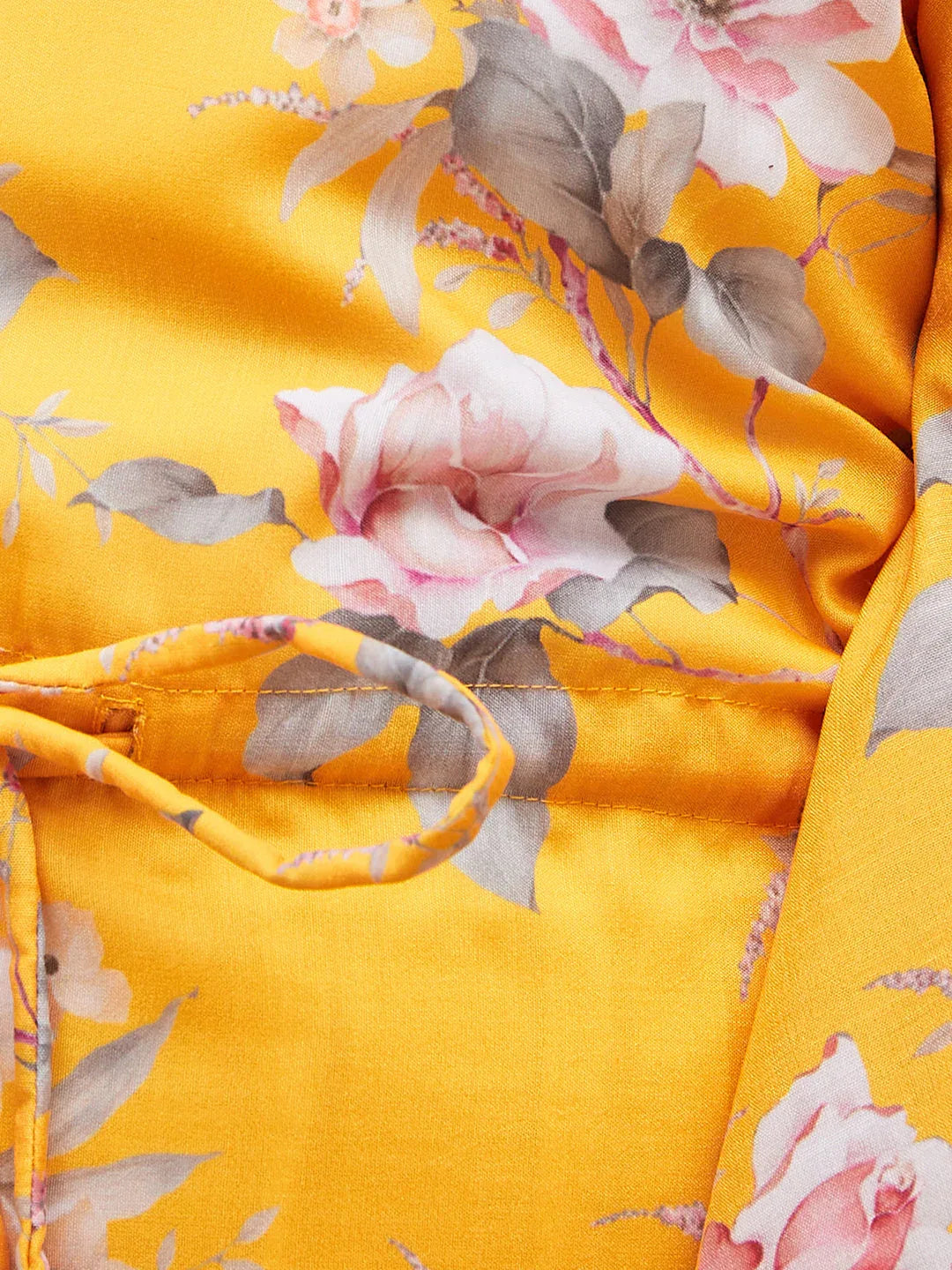 Girl's Yellow Floral Printed Kaftan Kurta With Cream Pant Set
