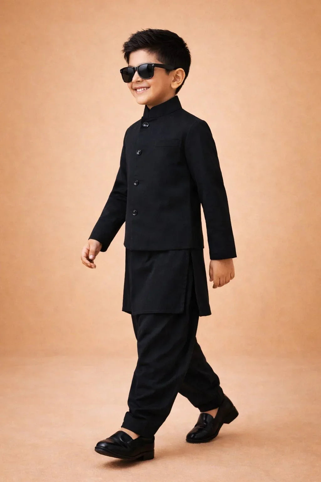 Boys Imported Suiting Solid Jodhpuri Jacket Kurta Patiala Dupatta Set