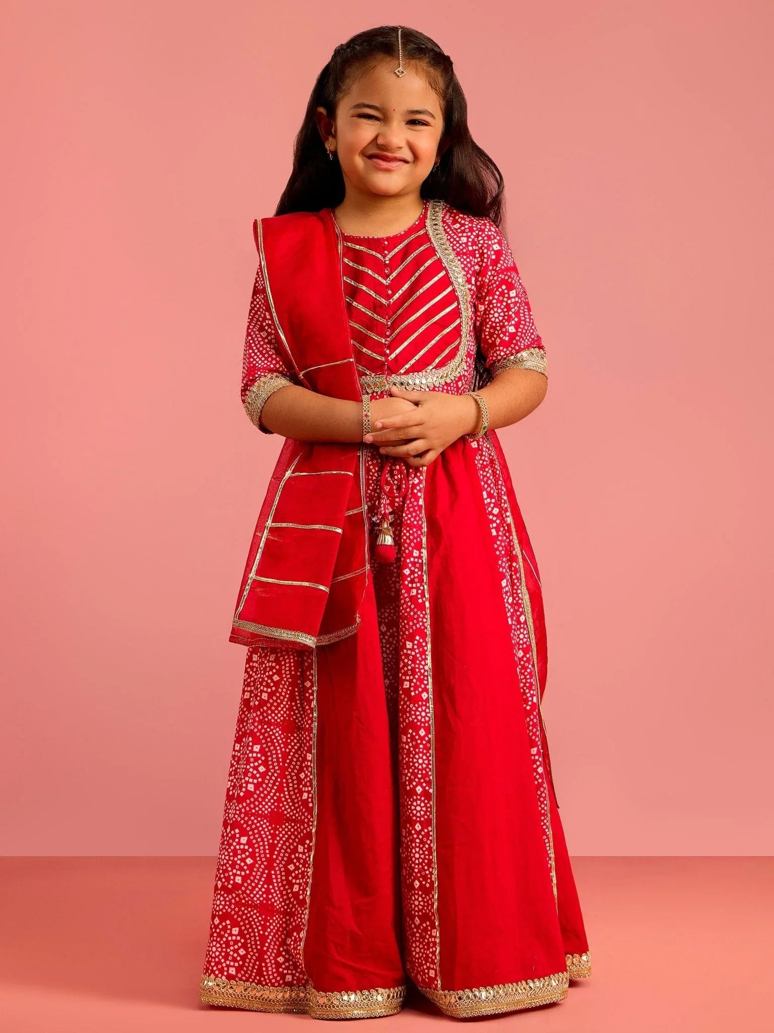 Girls Ethnic Cotton Cambric Red Bandhani Printed Lehenga Choli Set with Organza Dupatta