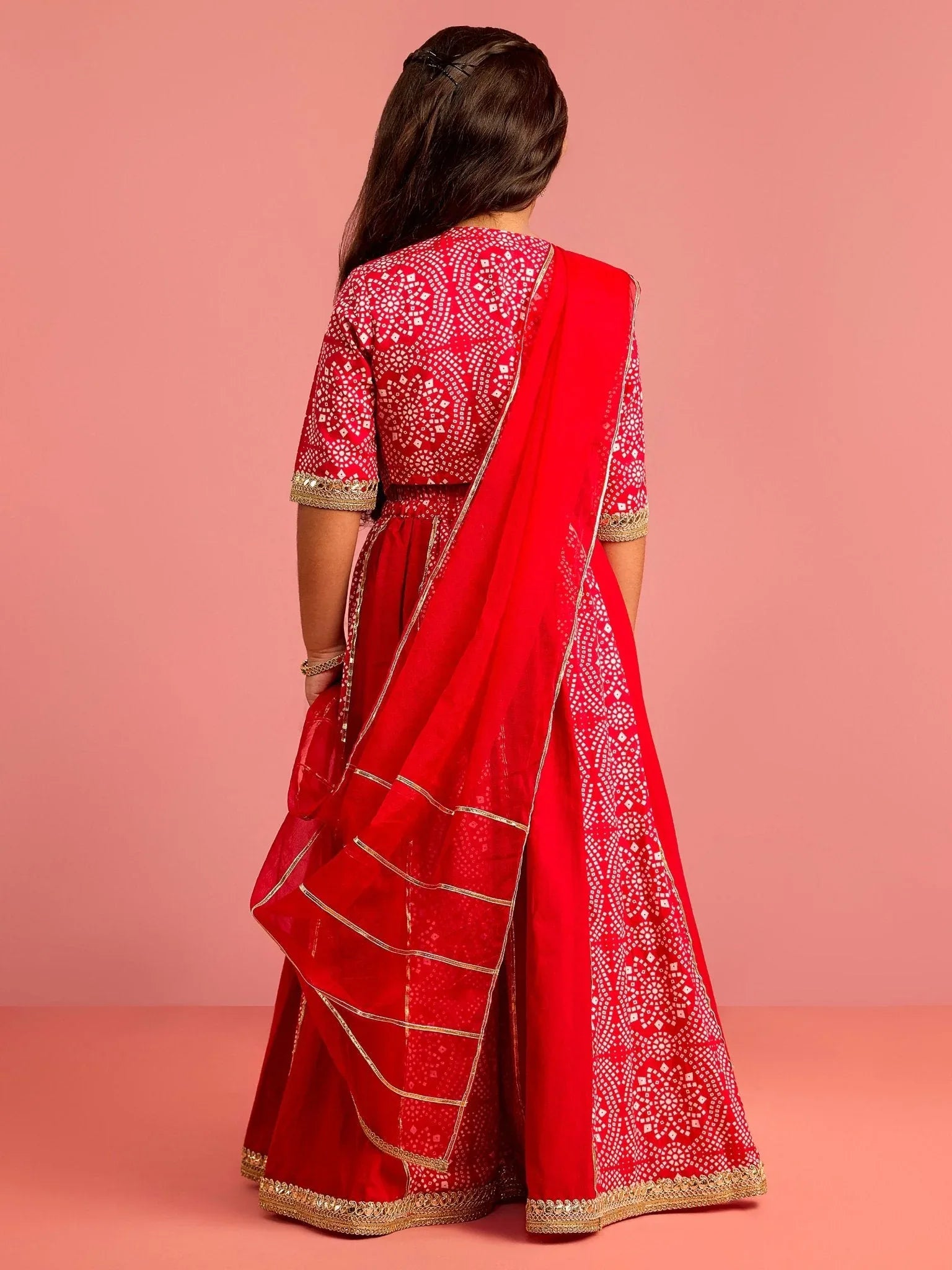 Girls Ethnic Cotton Cambric Red Bandhani Printed Lehenga Choli Set with Organza Dupatta