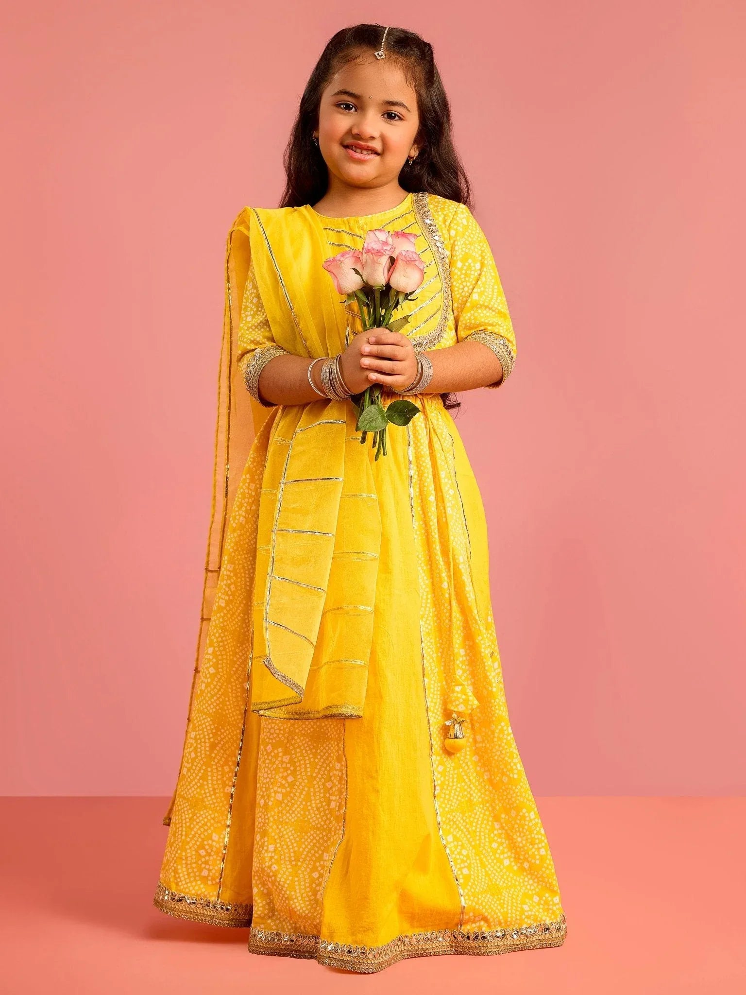 Girls Ethnic Cotton Cambric Yellow Bandhani Printed Lehenga Choli Set with Organza Dupatta